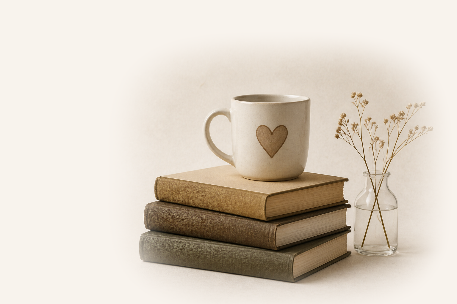 Books, a mug, and dried flowers, photographed on a tabletop